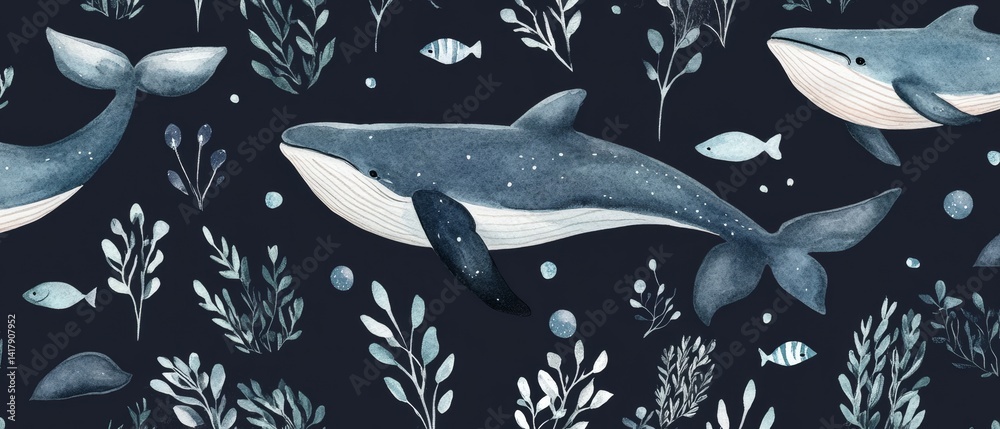A blue whale is swimming in a sea of green leaves and fish