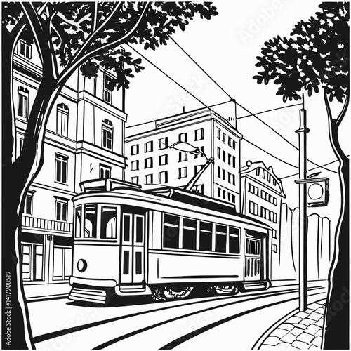 tram in the city line art vector
