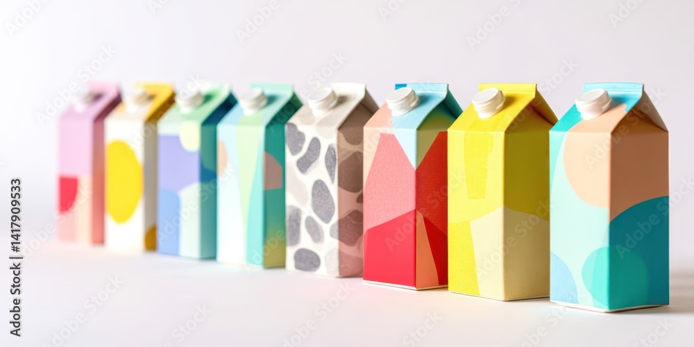 A row of six cartons of milk, each with a different color A row of six cartons of milk, each with a different color