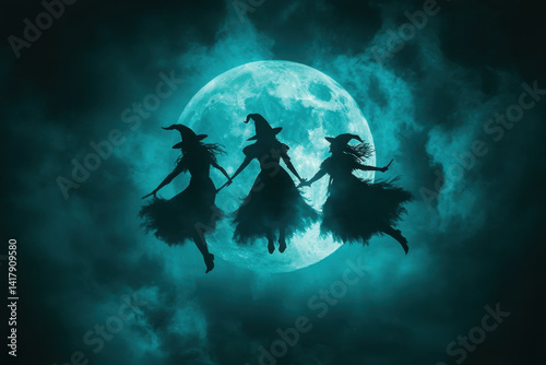 Three witches soar under a full moon's glow, silhouetted against the night sky.