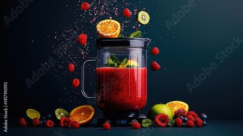 juice blender colorful concept. A blender filled with vibrant smoothie ingredients, with fruits and splashes surrounding it. photo