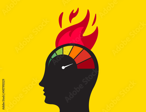 Illustration of a head with gauge and flame measure, anger measurement