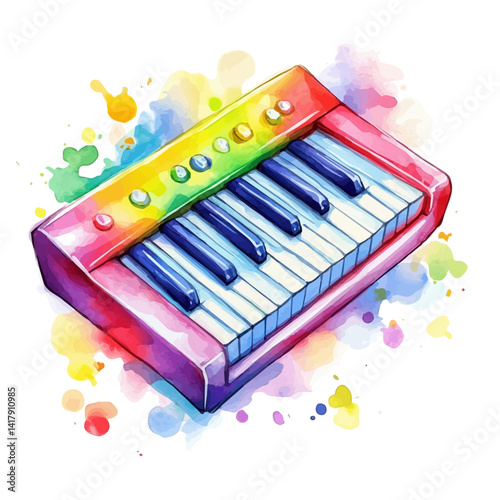 Melodica With Colorful Keys, vector watercolor illustration, isolated on a white background.