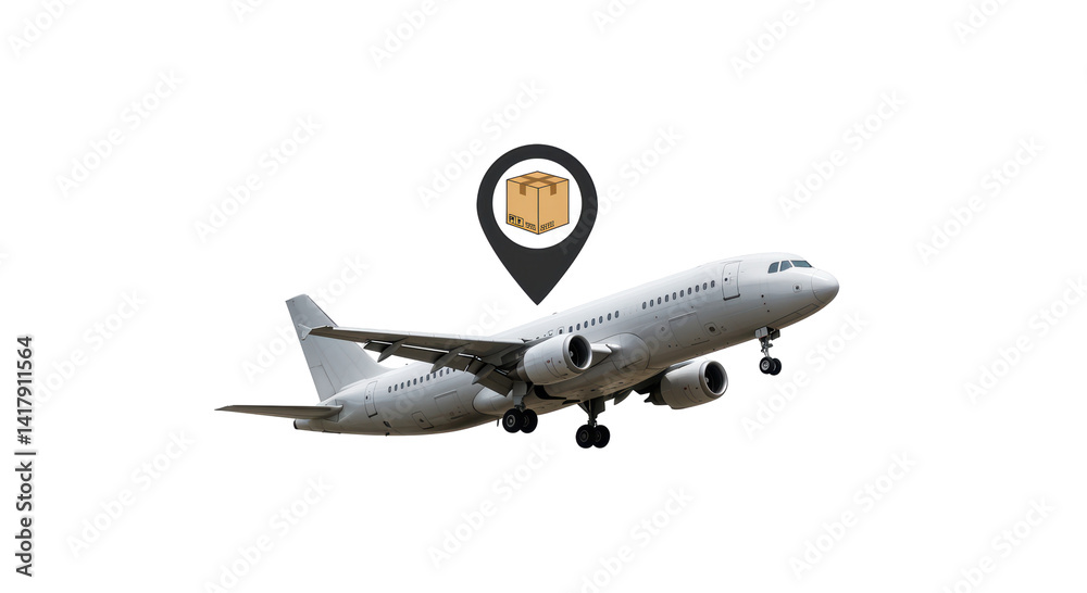 Obraz premium Isolated Airplane with Delivery Box Location Marker 3D