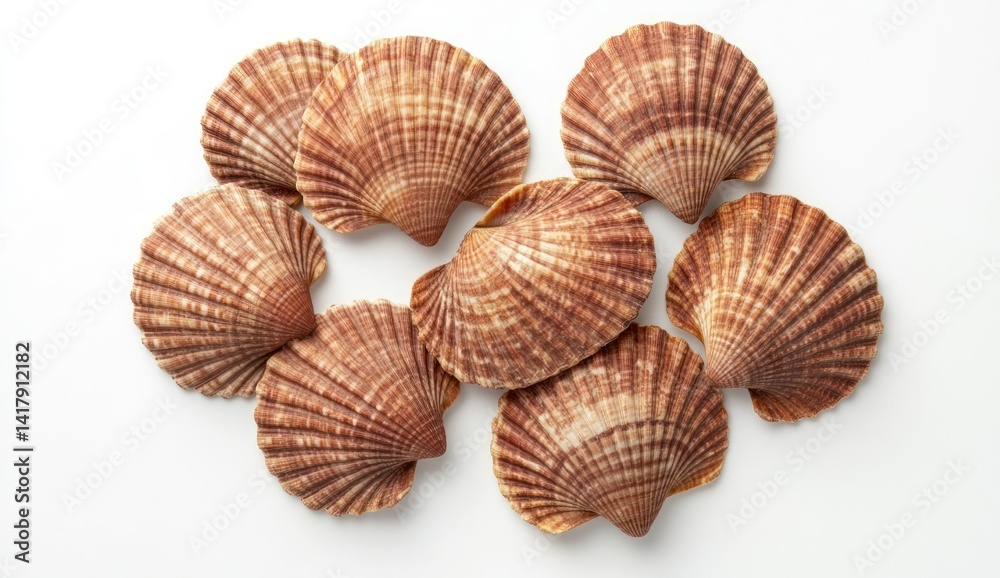Several brown scallop shells are grouped together on a white surface. Several brown scallop shells are grouped together on a white surface.