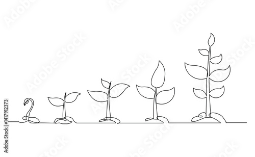 Continuous single line of seeds growth. Step of nature and economical growing up success sketch drawing editable stroke vector illustration