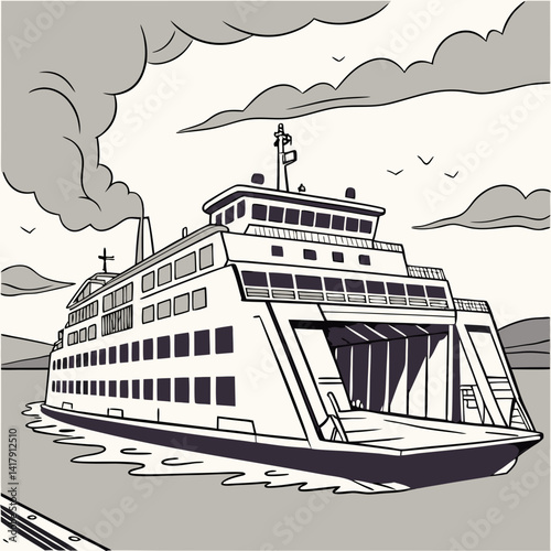 Sea train ferry boat. Big ship