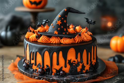 Halloween cake decorated with orange and black icing on a spooky-themed cake stand.