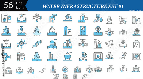 56 Editable Line Icons for Water Infrastructure and Utilities - Vector Illustration