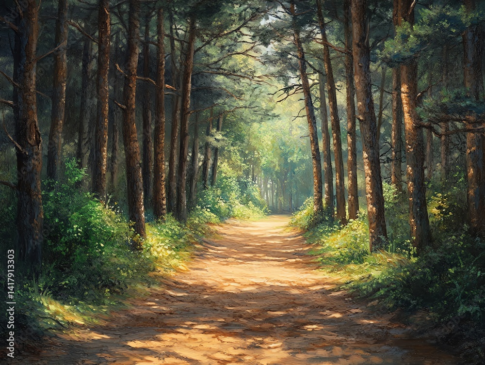 Obraz premium A sun-drenched path winds through a tranquil pine forest creating a serene atmosphere Perfect for nature lovers and relaxation themed projects