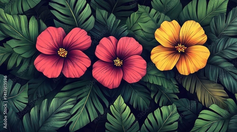 custom made wallpaper toronto digitalVibrant hibiscus flowers and lush tropical foliage.