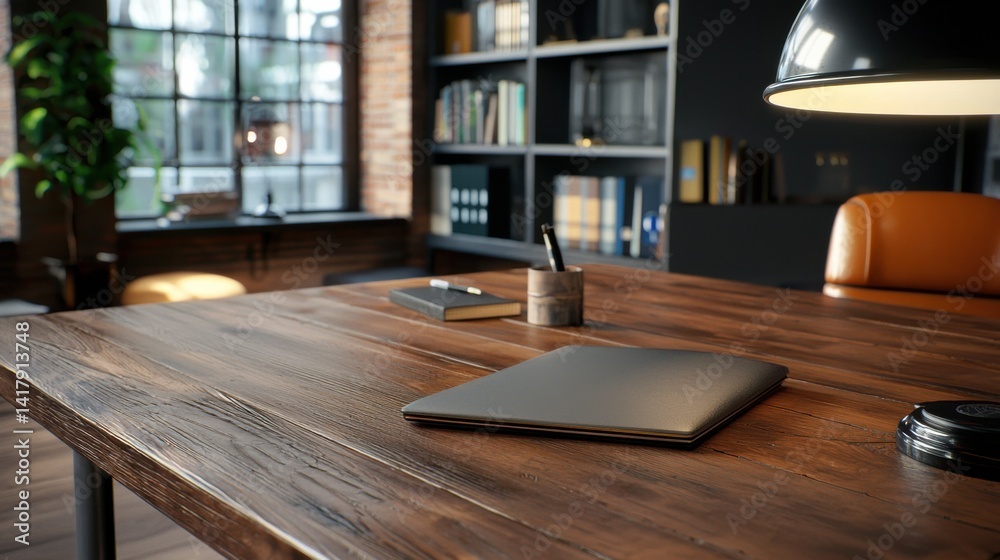 Minimalist and functional industrial-style home office workspace with a rustic wooden table and a clean, organized layout. Minimalist and functional industrial-style home office workspace with a rustic wooden table and a clean, organized layout.