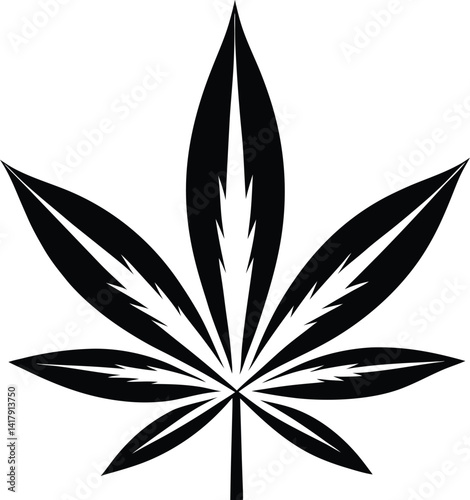 Cannabis leaf silhouette, Hemp leaf black outline, Sativa plant vector design, Herbal leaf flat illustration, Marijuana leaf graphic symbol
