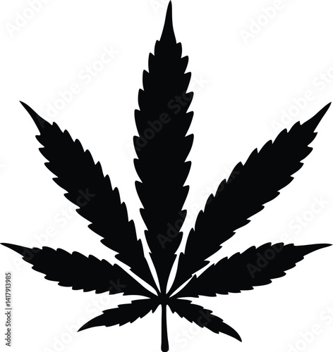 Cannabis leaf silhouette, Hemp leaf black outline, Sativa plant vector design, Herbal leaf flat illustration, Marijuana leaf graphic symbol