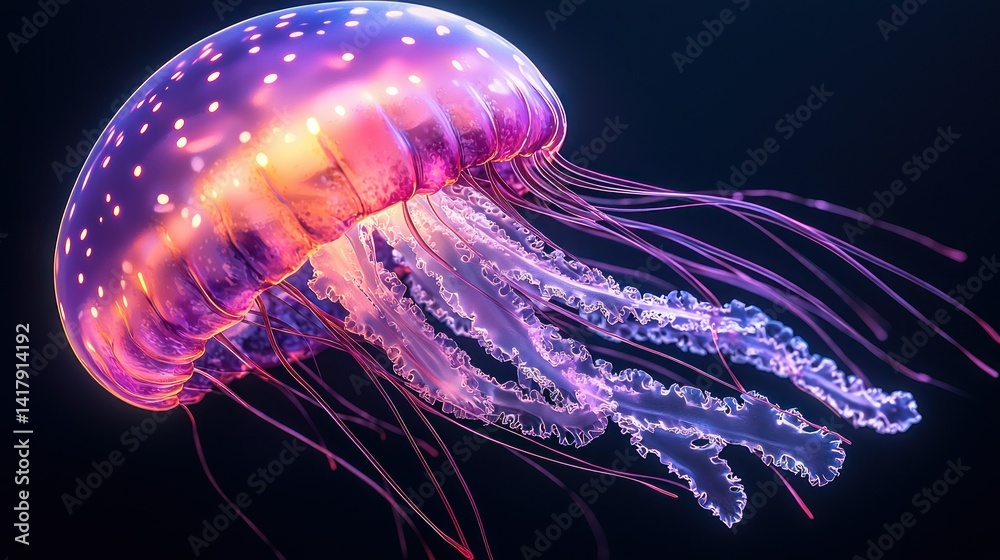 Fototapeta premium Vibrant jellyfish gracefully swimming in deep ocean waters, illuminated by bioluminescence
