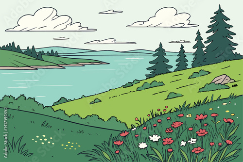 71 Serene lakeside landscape, vibrant green meadow, colorful wildflowers, distant pine-covered islands, calm reflective water, fluffy white clouds, bright sky, stylized vector art, peaceful nature sce