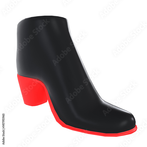 Black high-heeled boot with red accents on transparent bg