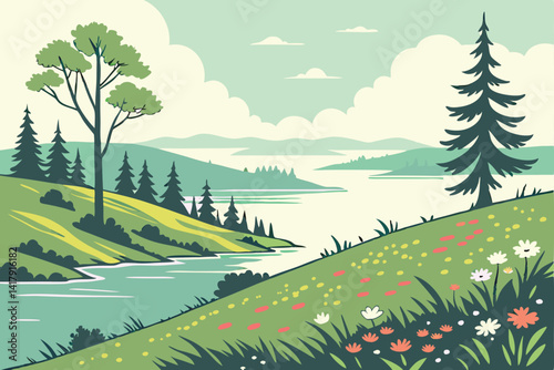 71 Serene lakeside landscape, vibrant green meadow, colorful wildflowers, distant pine-covered islands, calm reflective water, fluffy white clouds, bright sky, stylized vector art, peaceful nature sce