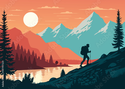 Silhouette of a hiker with a backpack climbing a hill with mountains trees and lake in the background