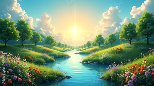 Peaceful mountain stream sunrise landscape