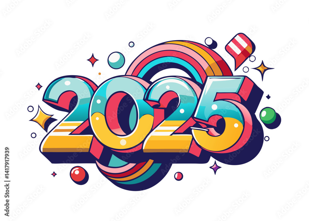 Fototapeta premium Illustration of the year two thousand and twenty five with rainbow and colorful graphic elements around it