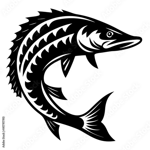 Abstract depiction of a predatory fish, possibly a pike, in black and white