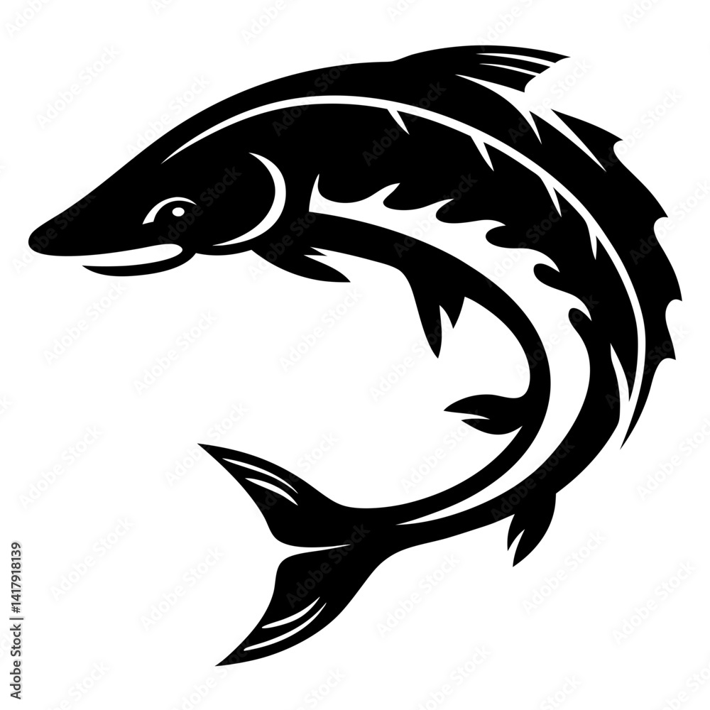 Fototapeta premium Stylized black and white illustration of a leaping fish with detailed fins