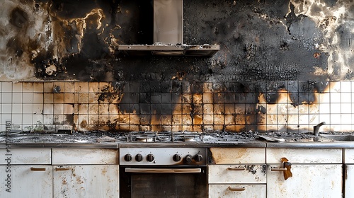 Aftermath of a Kitchen Fire: Soot-Damaged Cabinets and Appliances