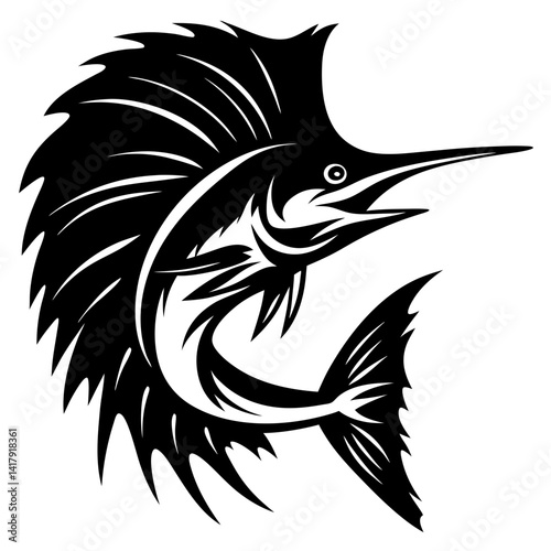 Striking Black and White Vector Illustration of a Sailfish in Graphic Style