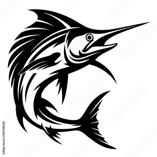 Dramatic Black and White Marlin Illustration with Dynamic Fin and Bill
