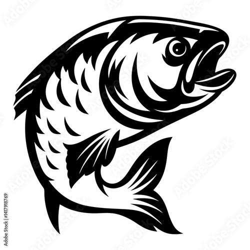 Stylized black and white illustration of a leaping fish with open mouth