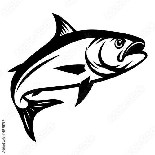 Striking black and white illustration of a leaping predatory fish silhouette