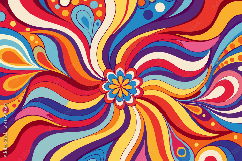 Psychedelic swirl pattern with flower center in vibrant colors and retro seventies aesthetic style design Psychedelic swirl pattern with flower center in vibrant colors and retro seventies aesthetic style design