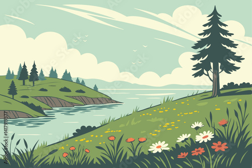 71 Serene lakeside landscape, vibrant green meadow, colorful wildflowers, distant pine-covered islands, calm reflective water, fluffy white clouds, bright sky, stylized vector art, peaceful nature sce