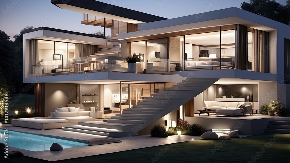 Obraz premium a close up of a house with a staircase and a living room