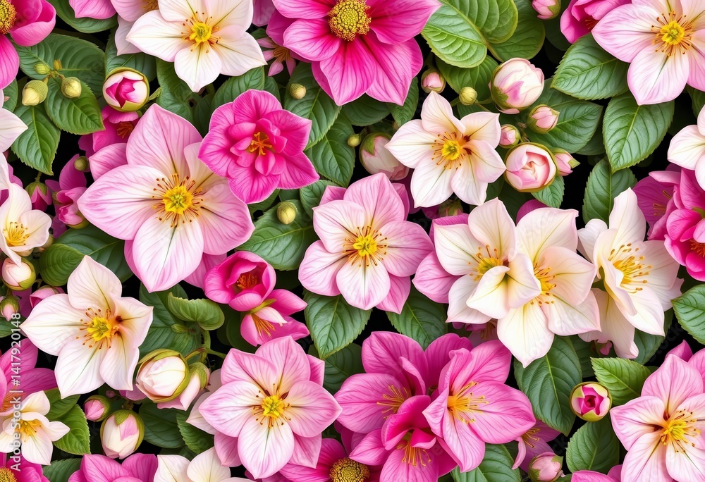 Delicate hellebores and rhododendrons in a repeating floral pattern, soft color palette, texture, floral