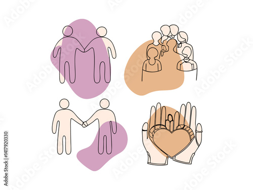 Diverse group of friends standing together in unity, A minimalist line art illustration of four people, possibly representing a diverse group of friends, standing close together.