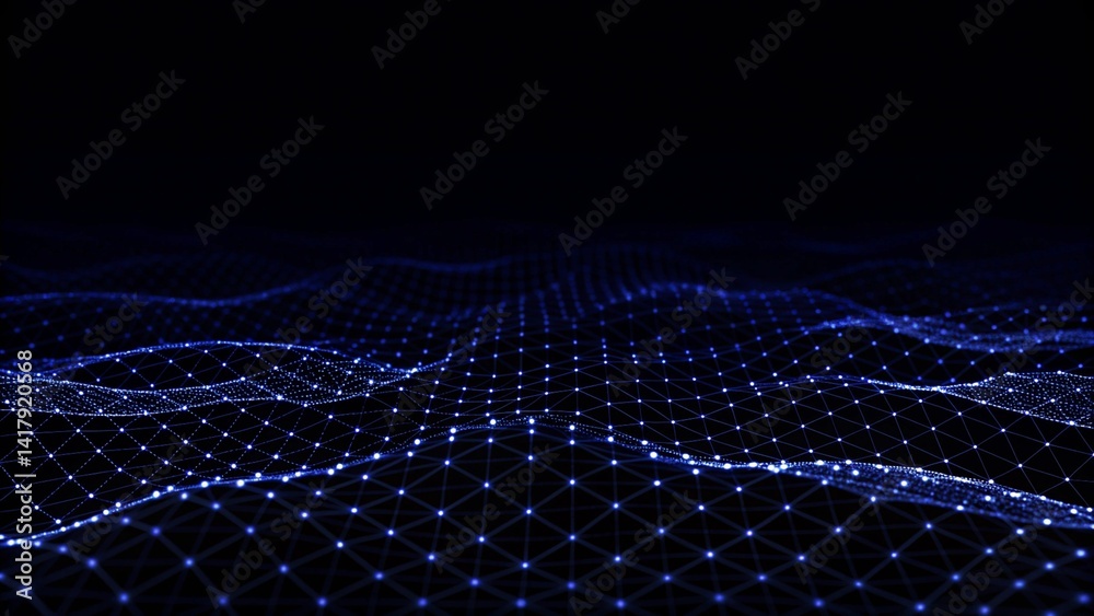 Abstract digital background with cybernetic particles. Plexus geometric effect Big data with compounds. Musical wave of particles. Low poly mesh. Flow. Wave. 3D rendering. Technology network Abstract digital background with cybernetic particles. Plexus geometric effect Big data with compounds. Musical wave of particles. Low poly mesh. Flow. Wave. 3D rendering. Technology network
