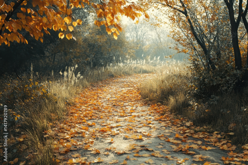 Obraz premium A winding path through a forest with vibrant yellow leaves under the soft sunlight, creating a serene autumn setting.
