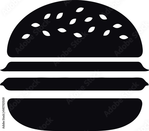 Black and White Silhouette of a Classic Hamburger with Sesame Seed Bun and Layered Filling