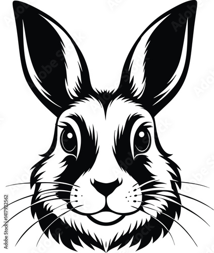 Rabbit face silhouette, rabbit face vector illustration style Flat, Bunny face flat design, Cute rabbit head illustration, Animal face silhouette icon, Hare face cartoon vector