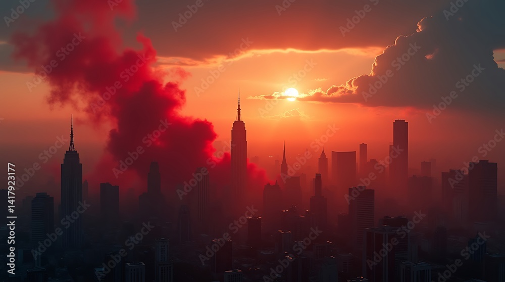 Sunset cityscape with vibrant sky and silhouettes Sunset cityscape with vibrant sky and silhouettes