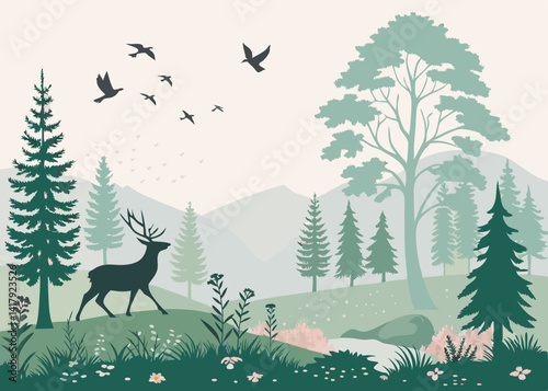 Illustration of a deer in a forest with trees birds and mountains in a serene and peaceful scenery