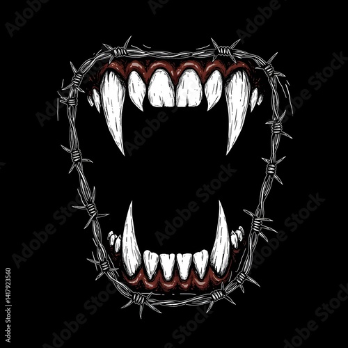 Spooky Vampire Teeth Graphic with Barbed Wire Frame, Halloween Illustration, Horror Art