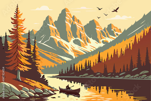 72 Mountain landscape, serene lake, snow-capped peaks, golden sunlight, towering cliffs, pine forest, reflective water, small boat, birds in flight, rocky shoreline, autumn colors, tranquil wilderness