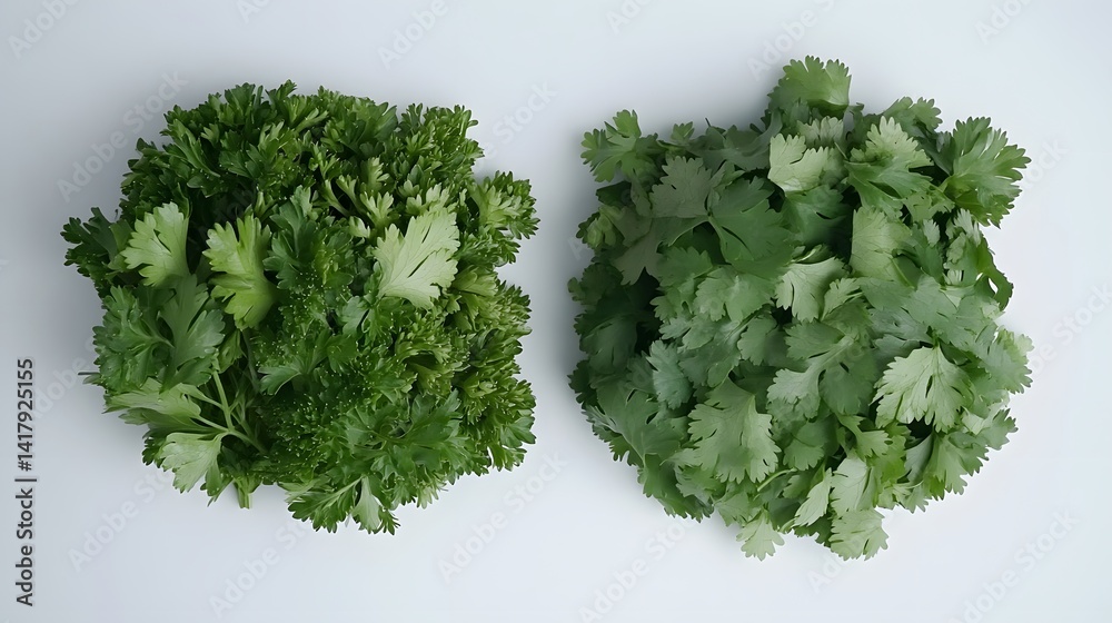 Obraz premium Fresh parsley and cilantro sprigs arranged side-by-side on a white background. A vibrant image showcasing the difference between these two popular herbs.