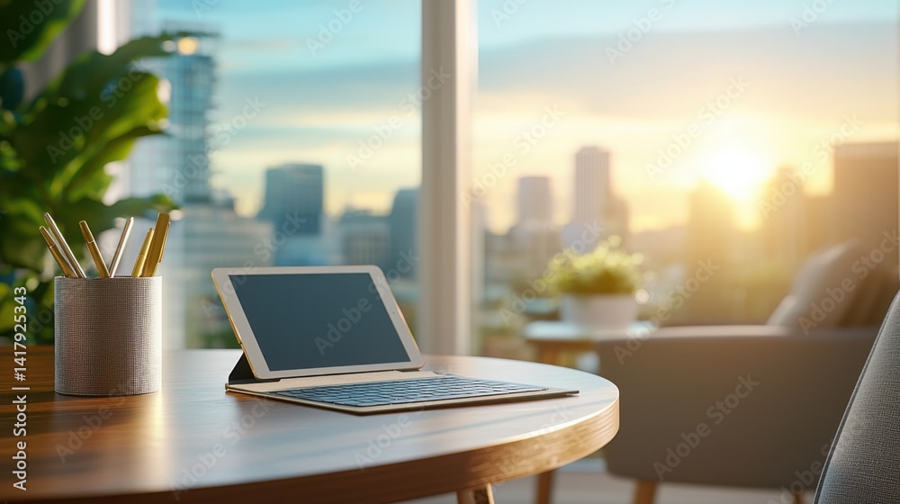 A clean, minimalist office desk setup featuring a wireless keyboard, digital devices, and a well-organized workspace optimized for productivity. A clean, minimalist office desk setup featuring a wireless keyboard, digital devices, and a well-organized workspace optimized for productivity.