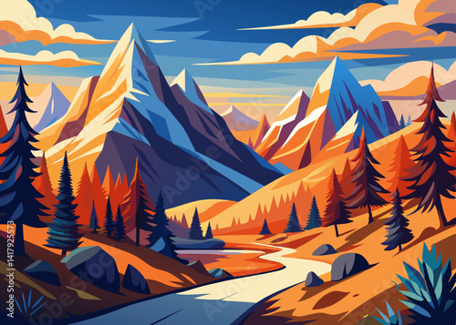 Scenic mountain range with trees and a winding river under a cloudy sky in a stylized landscape view