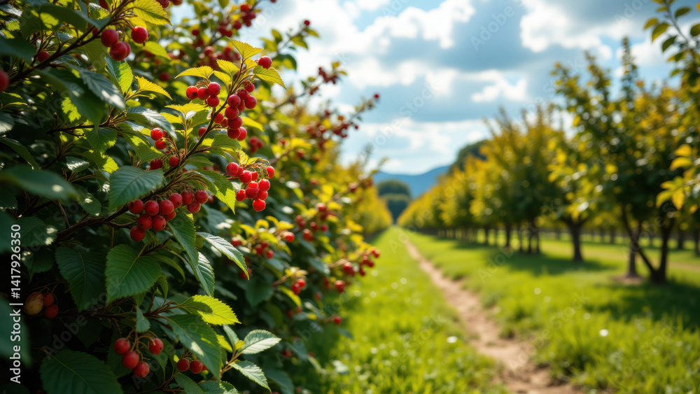 A serene orchard with berries and trees under a blue sky, showcasing natural agriculture and permaculture. A serene orchard with berries and trees under a blue sky, showcasing natural agriculture and permaculture.