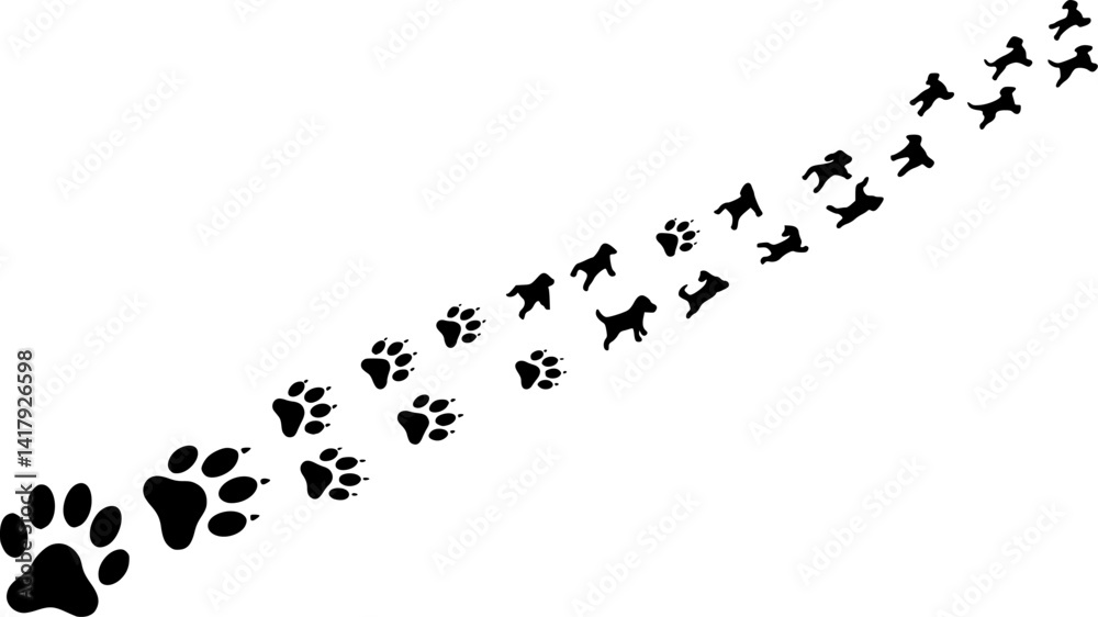 Paw vector foot trail print of cat. Dog, puppy silhouette animal diagonal tracks for t-shirts, backgrounds, patterns, websites, showcases design, greeting cards, child prints and etc Paw vector foot trail print of cat. Dog, puppy silhouette animal diagonal tracks for t-shirts, backgrounds, patterns, websites, showcases design, greeting cards, child prints and etc